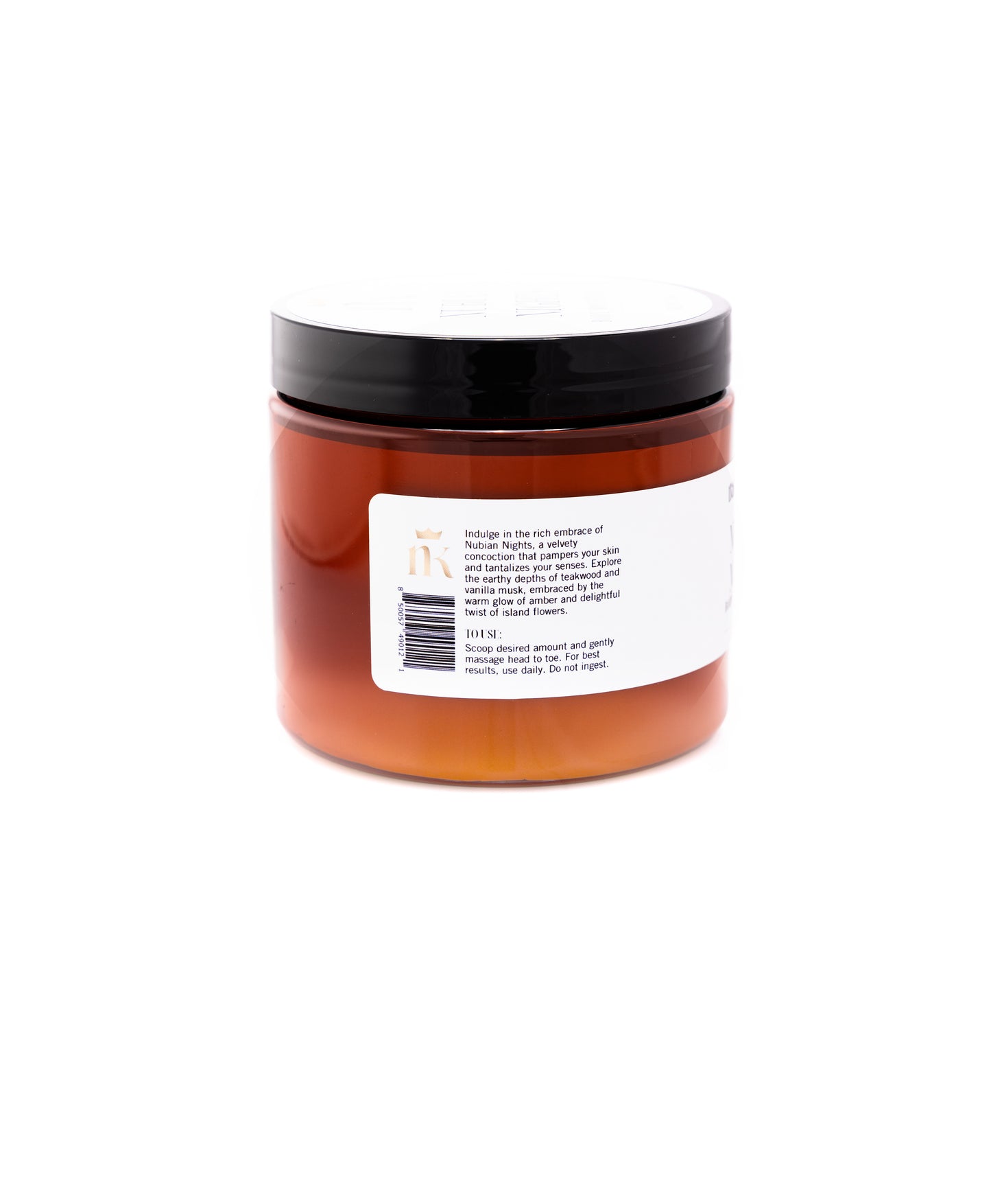 Product shot of moisturizer which includes the description and directed use. The Directed Use is: Scoop desired amount and massage head to toe. For best results, use daily. Do not ingest.