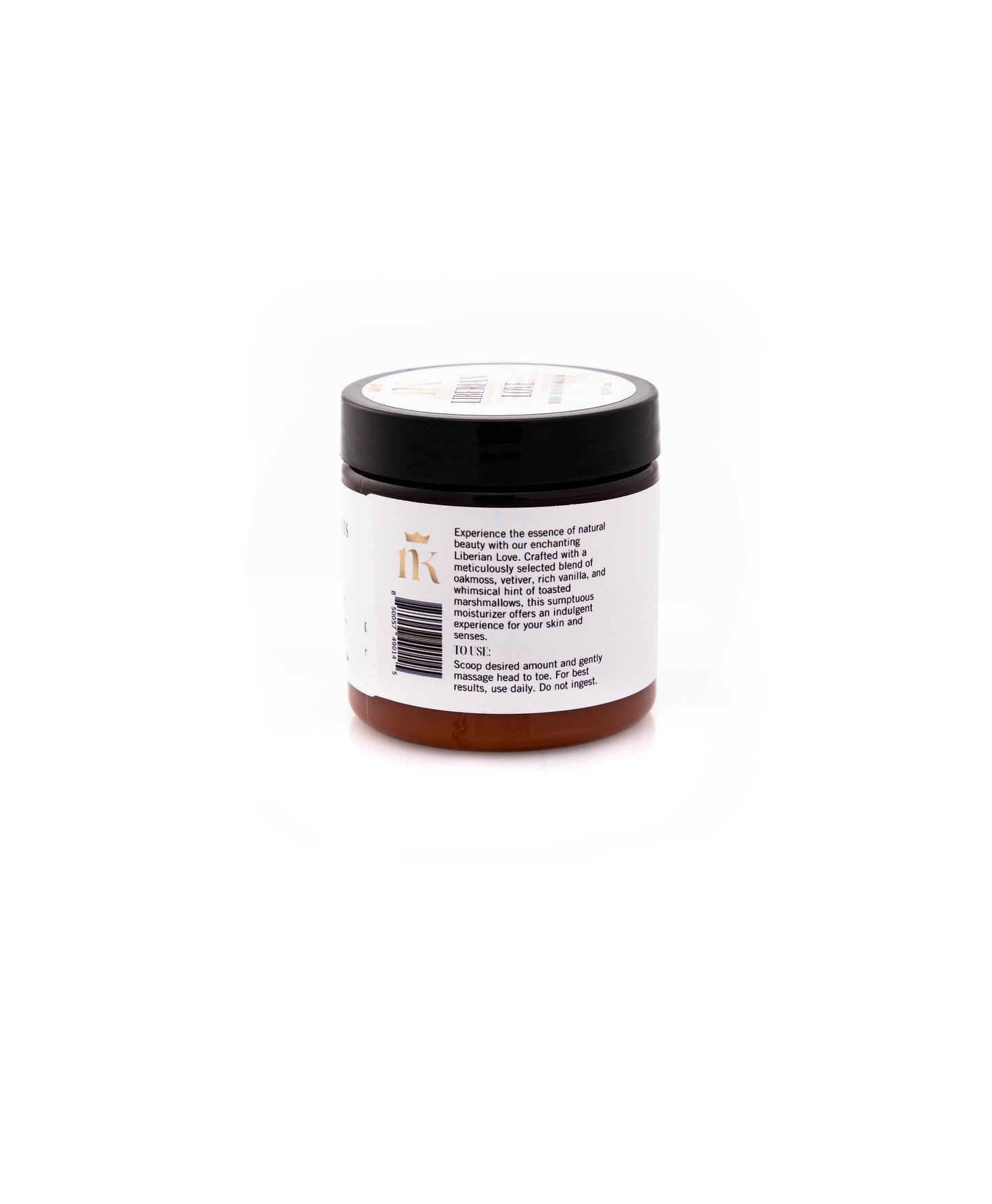 Product shot of moisturizer which includes the description and directed use. The Directed Use is: Scoop desired amount and massage head to toe. For best results, use daily. Do not ingest.