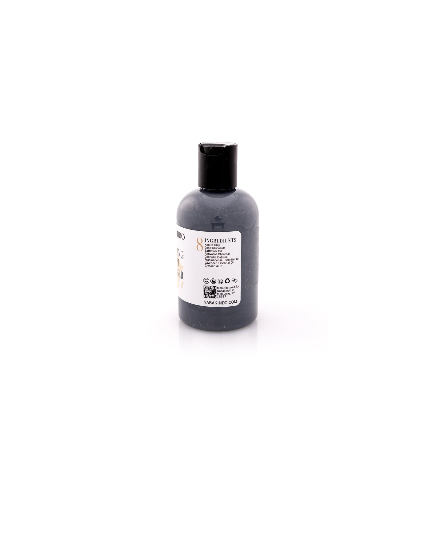 Alpha Hydroxy Acid facial cleanser. This picture shows the ingredients, which are: Kaolin Clay, Coco Glucoside, Sunflower Oil, Chamomile Extract, Colloidal Oatmeal, Lavender Essential Oil, Frankincense Essential Oil, Glycolic Acid.