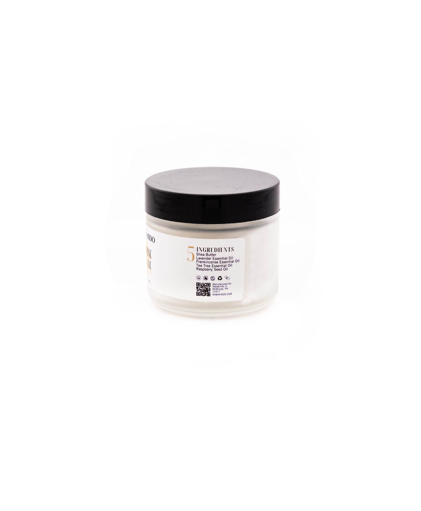 Product shot of moisturizer which includes ingredients listed on the packaging. Ingredients include: shea butter, lavender essential oil, frankincense essential oil, tea tree essential oil, raspberry seed oil.