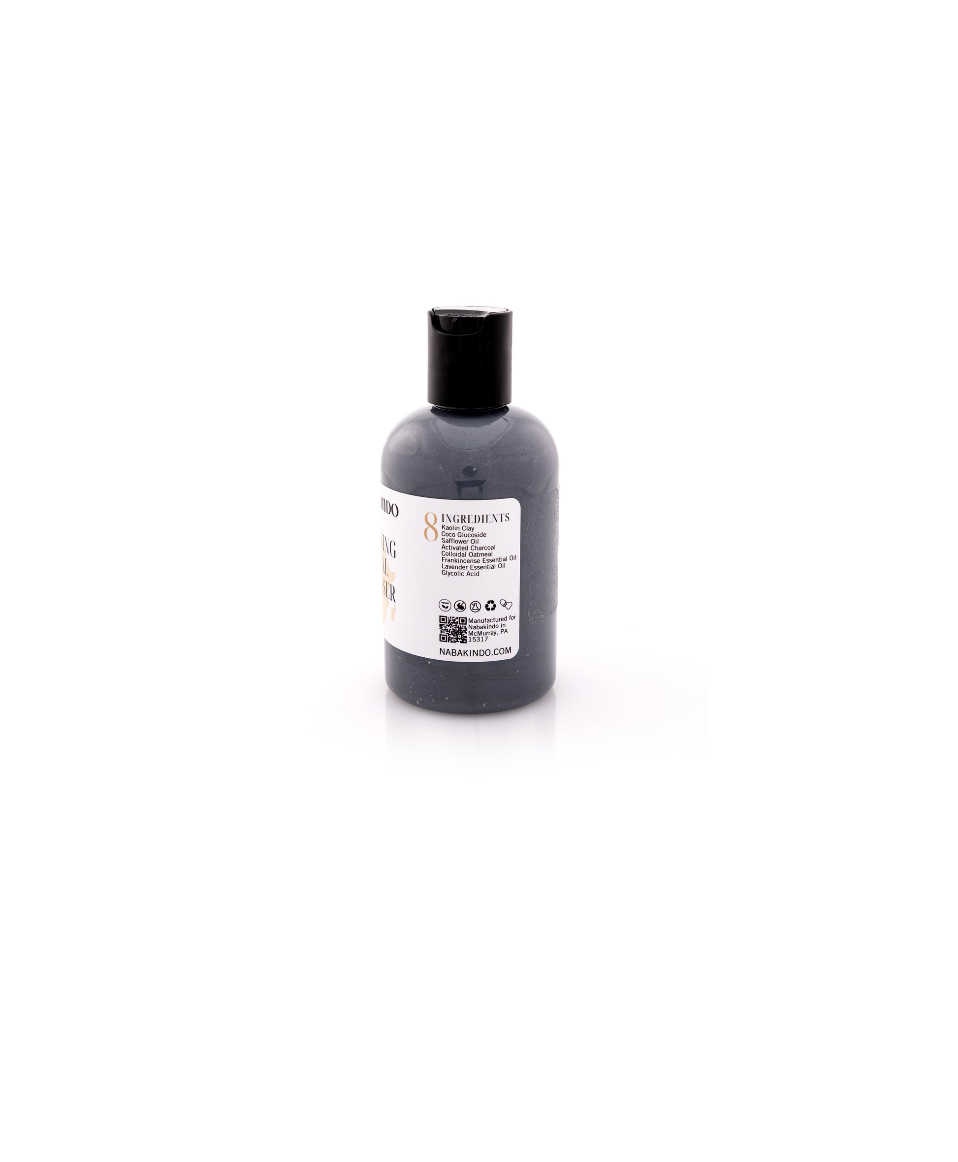 Alpha Hydroxy Acid facial cleanser. This picture shows the ingredients, which are: Kaolin Clay, Coco Glucoside, Sunflower Oil, Chamomile Extract, Colloidal Oatmeal, Lavender Essential Oil, Frankincense Essential Oil, Glycolic Acid.