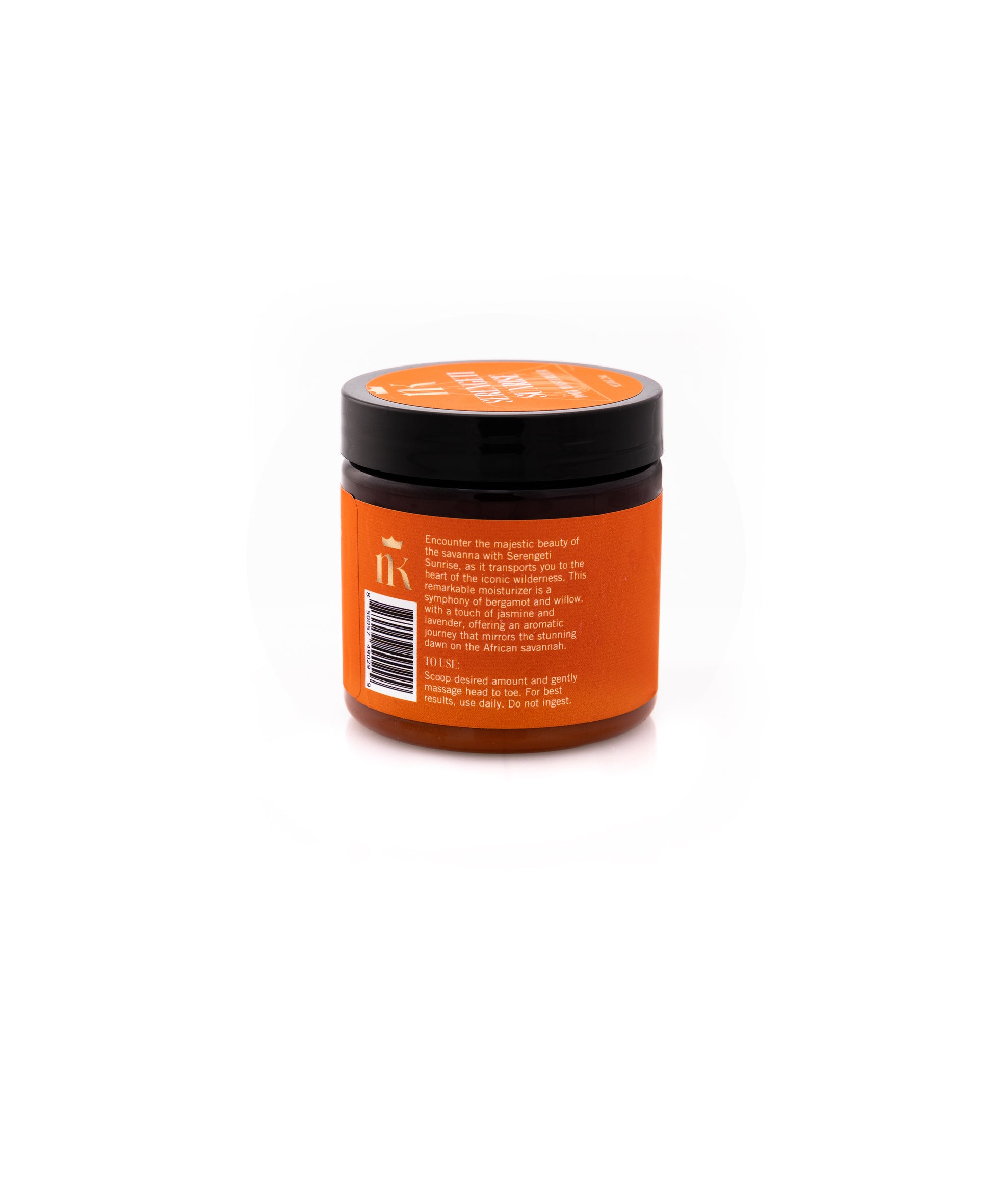Product shot of moisturizer which includes the description and directed use. The Directed Use is: Scoop desired amount and massage head to toe. For best results, use daily. Do not ingest.