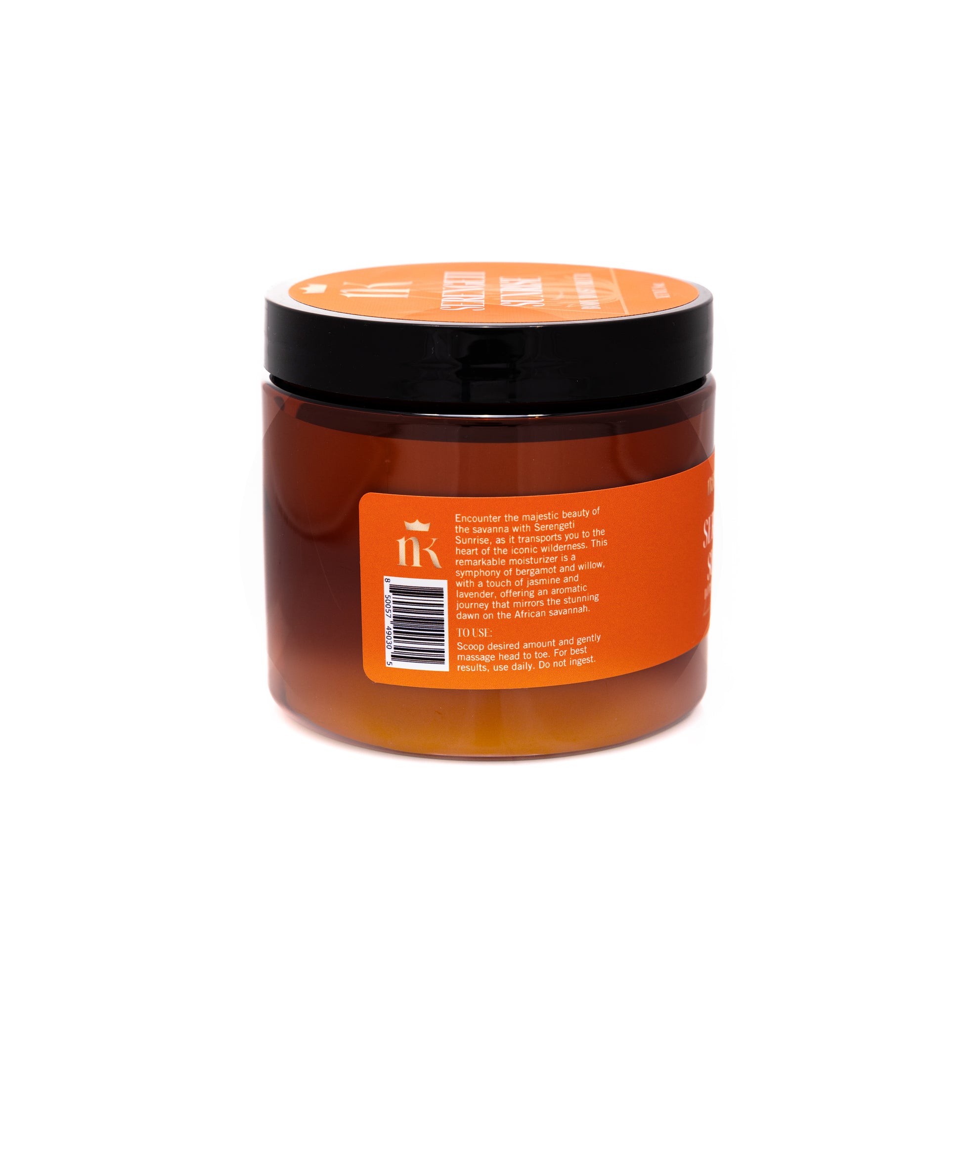 Product shot of moisturizer which includes the description and directed use. The Directed Use is: Scoop desired amount and massage head to toe. For best results, use daily. Do not ingest.