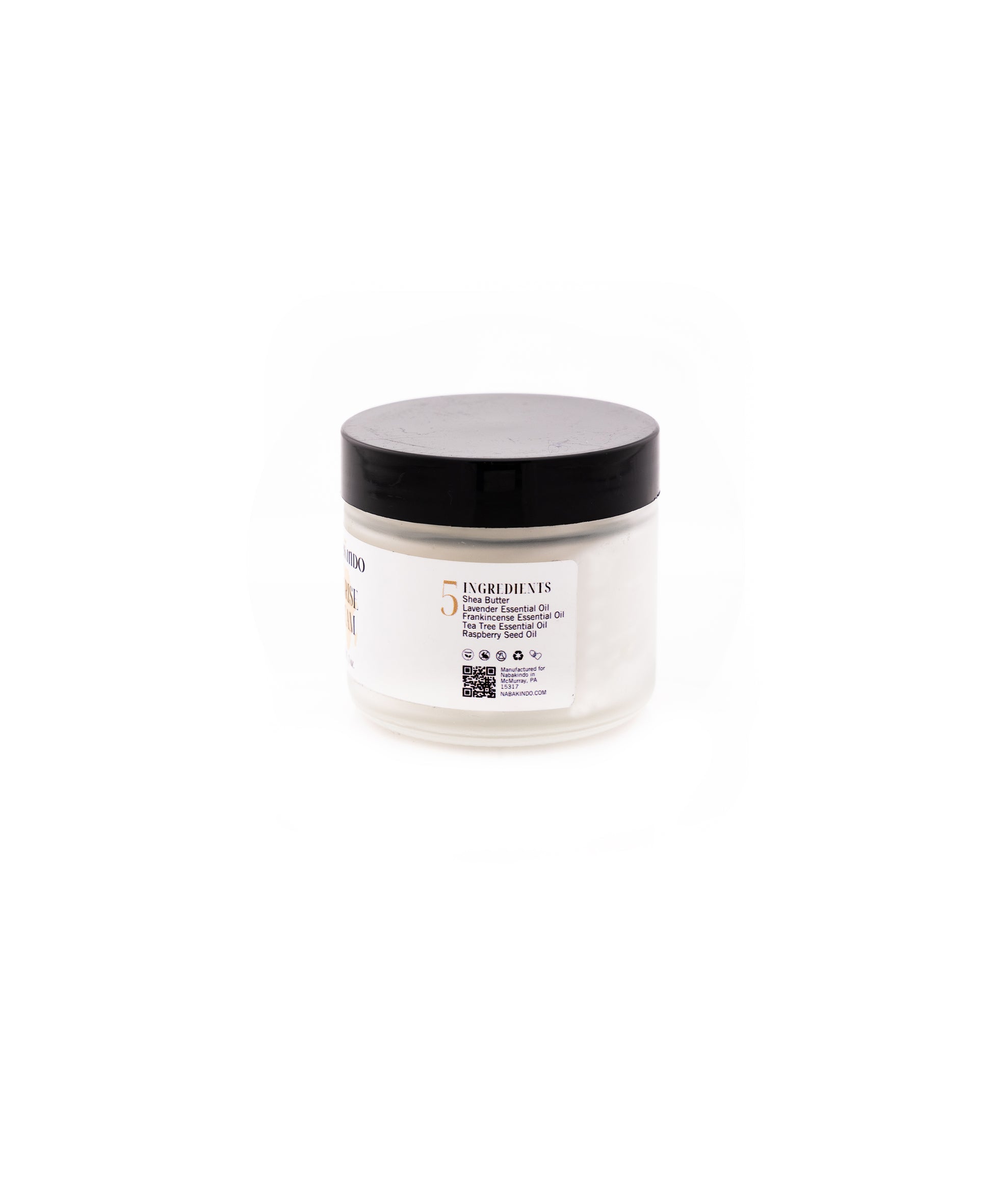 Product shot of moisturizer which includes ingredients listed on the packaging. Ingredients include: shea butter, lavender essential oil, frankincense essential oil, tea tree essential oil, raspberry seed oil.